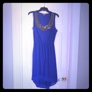 Elegant blue dress with stunning silver neckline